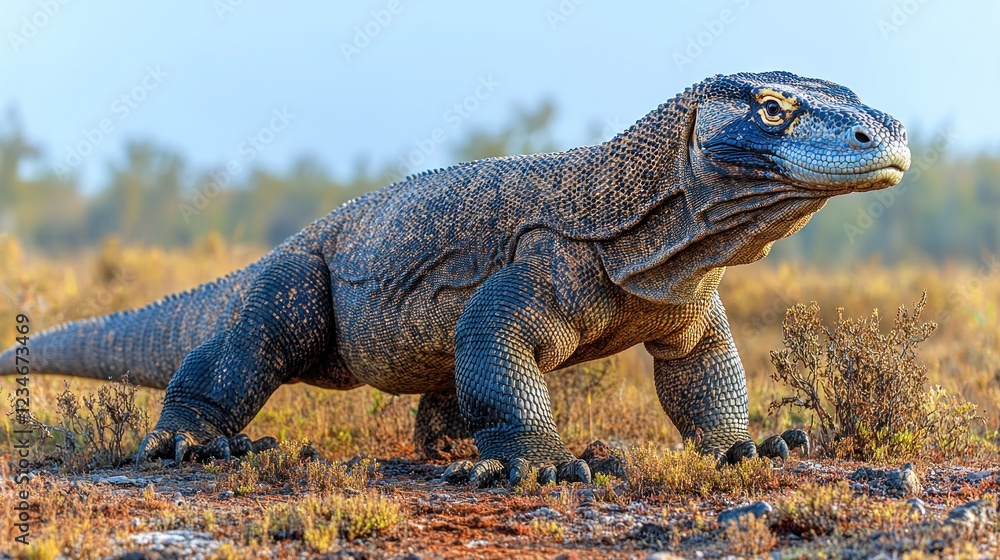 Obraz premium Komodo dragon walking, Indonesian island, savanna background, wildlife photography