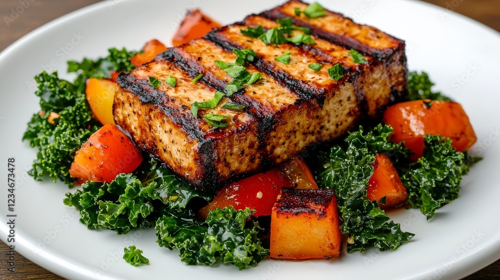Grilled Tofu with Colorful Vegetables and Fresh Greens on a White Plate Grilled Tofu with Colorful Vegetables and Fresh Greens on a White Plate