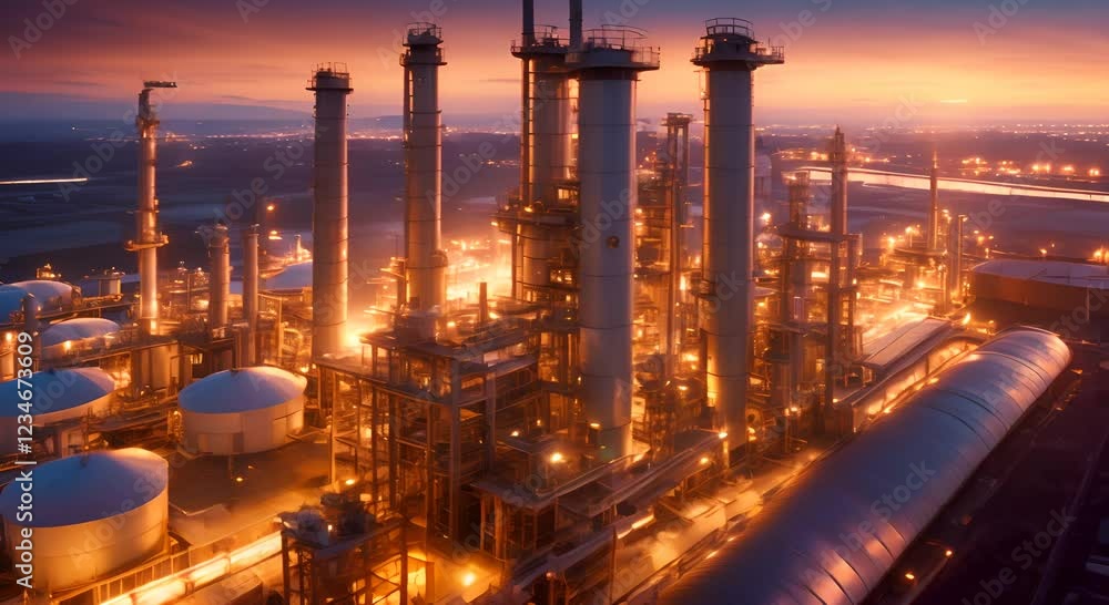 An oil refinery as an industrial estate with sunset lights and Steel pipe factory equipment in the petroleum industry producing upstream oil and gas as a background 4K An oil refinery as an industrial estate with sunset lights and Steel pipe factory equipment in the petroleum industry producing upstream oil and gas as a background 4K