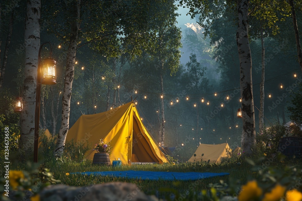 String lights create a cozy atmosphere for camping in a serene forest twilight scene String lights create a cozy atmosphere for camping in a serene forest twilight scene