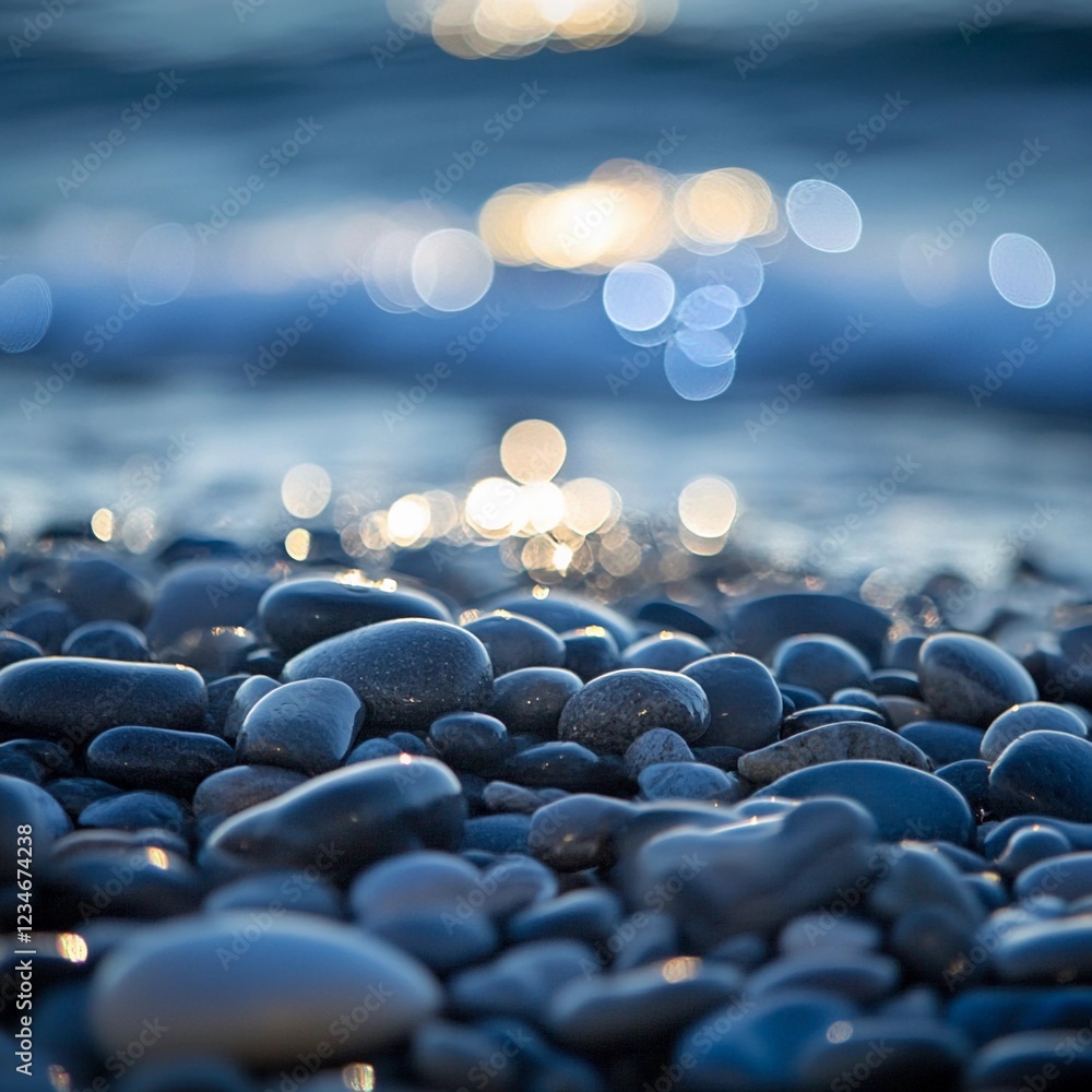 Obraz premium Calm beach with smooth stones and gentle waves during sunset creating a tranquil atmosphere