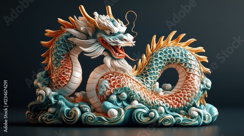 Wallpaper Mural A colorful dragon sculpture entwined in waves, showcasing artistic craftsmanship. Torontodigital.ca