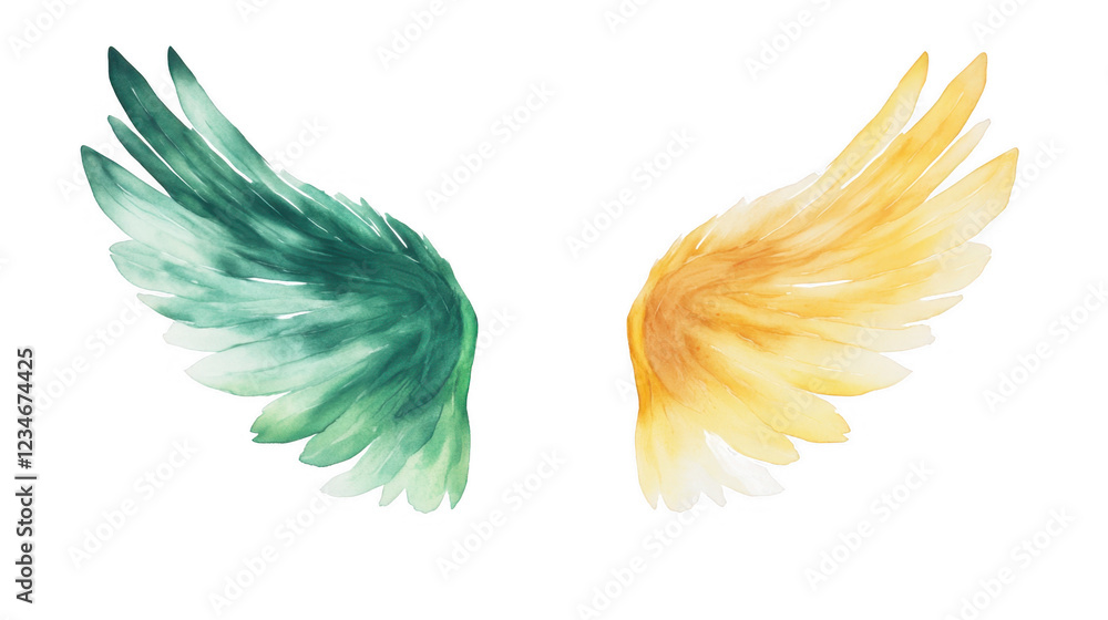 Obraz premium A pair of beautifully painted wings in green and yellow hues, showcasing intricate feather details and a dynamic appearance.