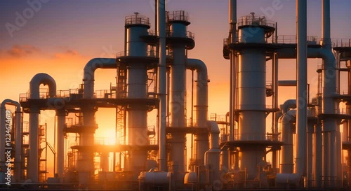 An oil refinery as an industrial estate with sunset lights and Steel pipe factory equipment in the petroleum industry producing upstream oil and gas as a background 4K