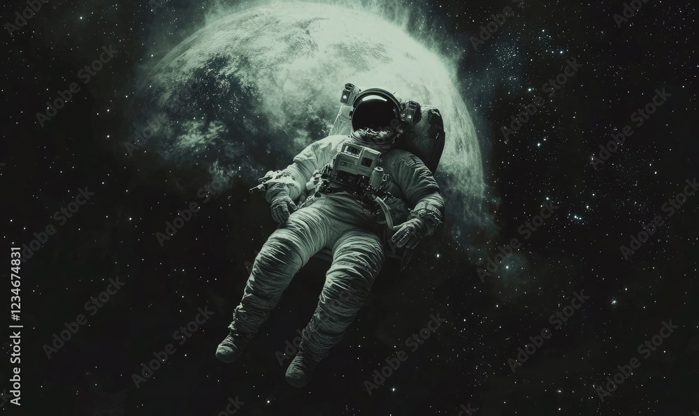 Fototapeta premium Futuristic Astronaut Standing on a Glowing Earth with Starry Galaxy Background