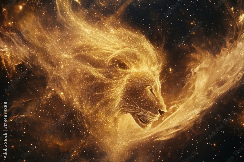 mystical leo zodiac artwork featuring golden lion emerging from cosmic nebula, celestial elements swirling