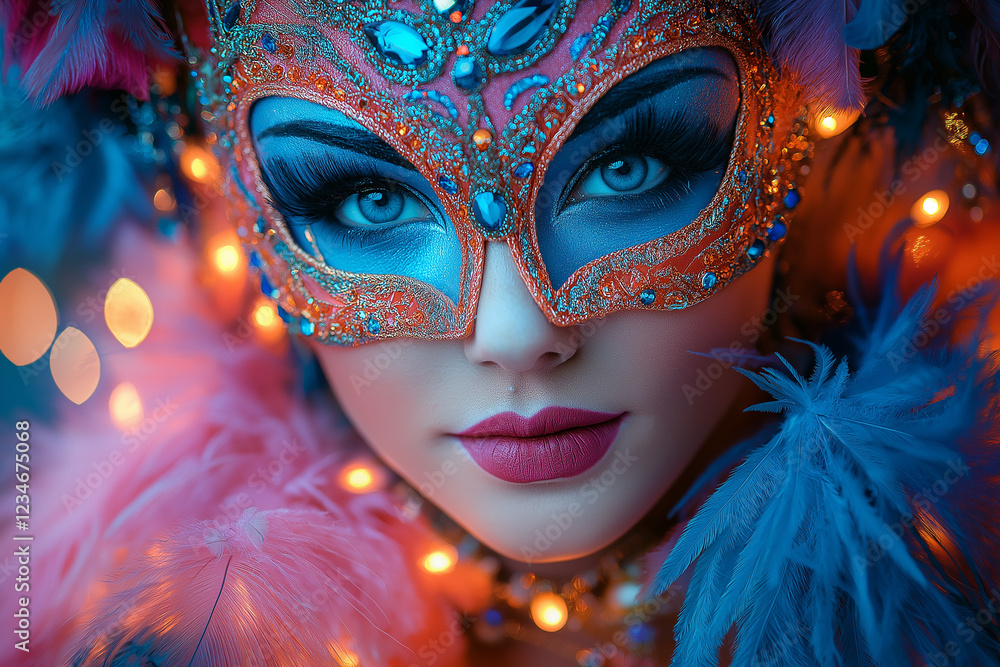 Photo carnaval glamour, femme avec masque vénitien, plumes, strass, sequins et lumières scintillantes Photo carnaval glamour, femme avec masque vénitien, plumes, strass, sequins et lumières scintillantes