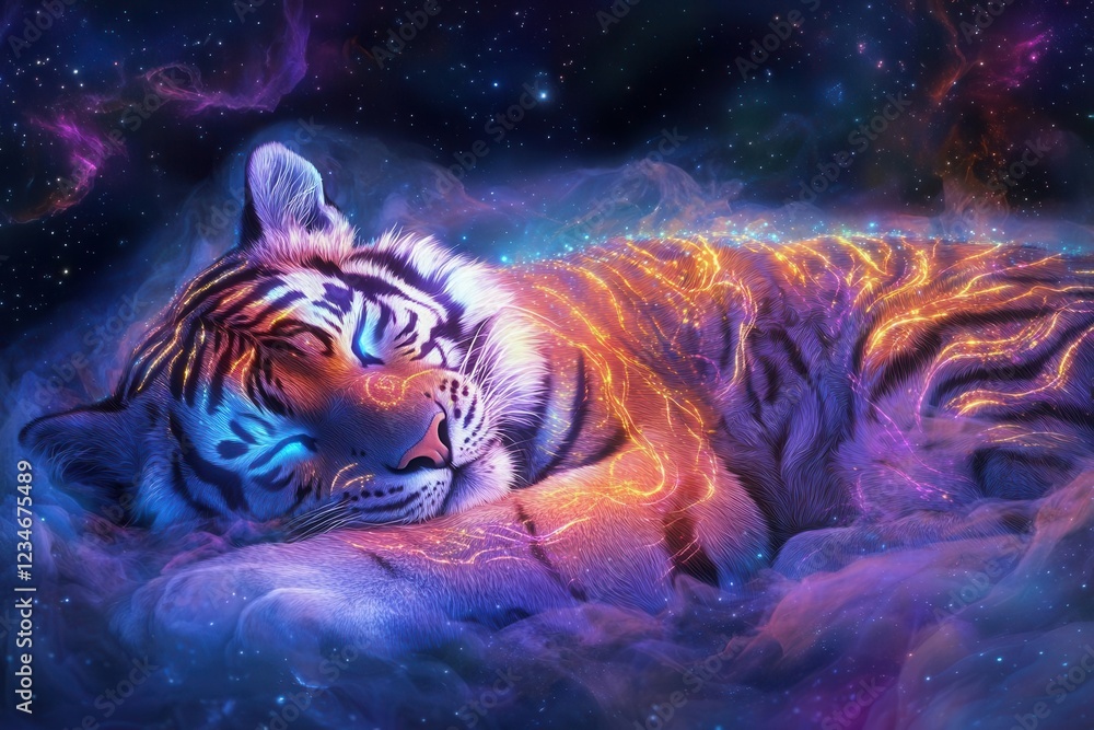 custom made wallpaper toronto digitalmystical tiger composed of swirling bioluminescent energy, sleeping peacefully in cosmic void with nebula patterns in fur