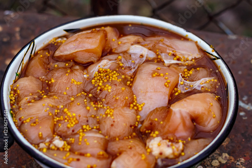 Raw chicken shashlik in a bowl
