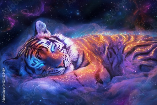Wallpaper Mural mystical tiger composed of swirling bioluminescent energy, sleeping peacefully in cosmic void with nebula patterns in fur Torontodigital.ca