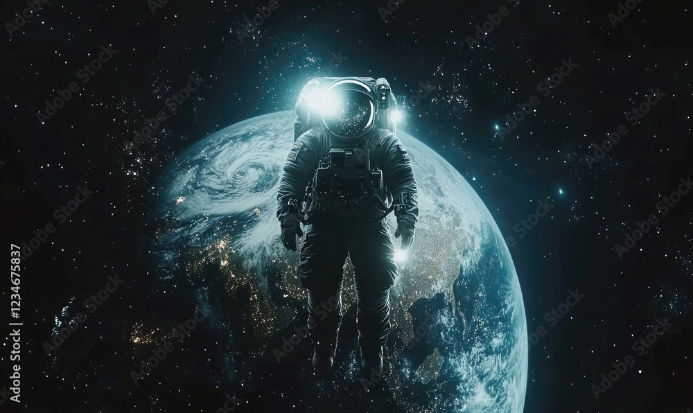 Obraz premium Futuristic Astronaut Standing on a Glowing Earth with Starry Galaxy Background