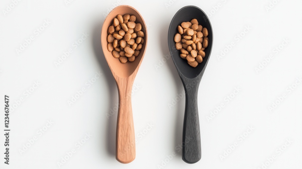 Two spoons, one brown and one black, are filled with a pile of food Two spoons, one brown and one black, are filled with a pile of food