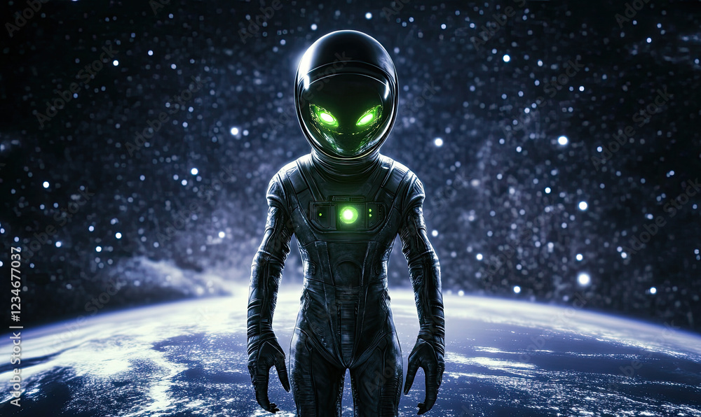 Fototapeta premium Futuristic Astronaut Standing on a Glowing Earth with Starry Galaxy Background