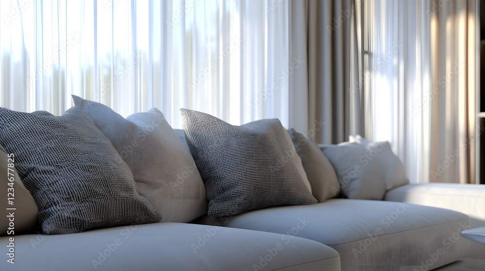 Stylish Minimalist Living Room Design with Gray Sofa and Soft Textures in Natural Light Stylish Minimalist Living Room Design with Gray Sofa and Soft Textures in Natural Light