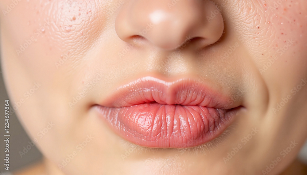 Obraz premium Swollen lips showing food allergy reaction, textured background, awareness