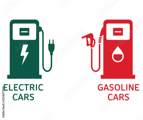 Electric vs Gasoline Car Symbols. Flat vector illustration comparing clean electric energy with traditional petrol fuel and the future of transportation.