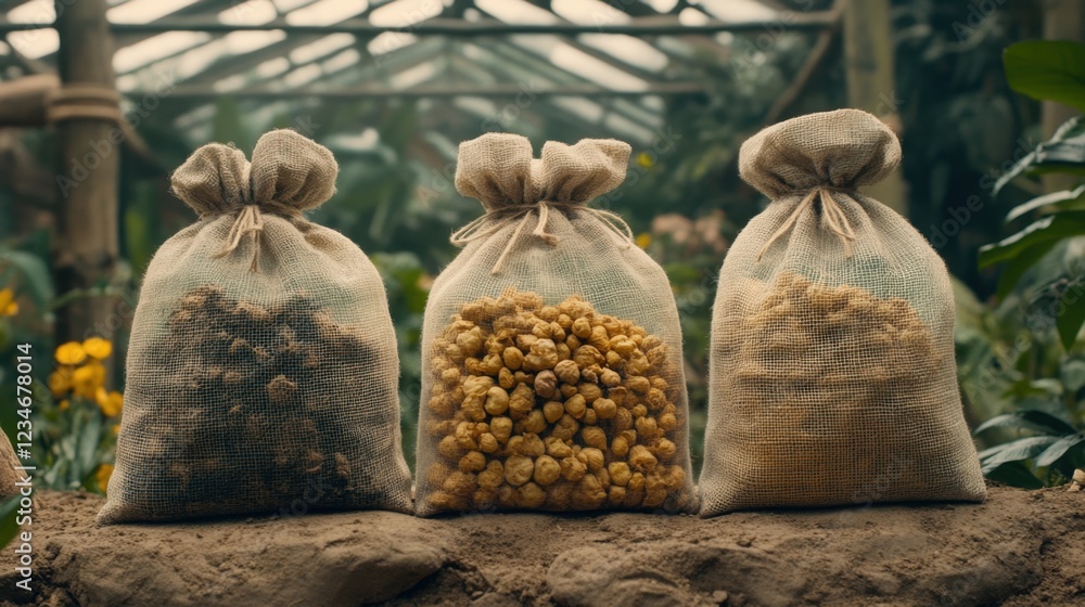 Natural bounty showcased in three burlap sacks on a garden stone pathway during daylight hours Natural bounty showcased in three burlap sacks on a garden stone pathway during daylight hours