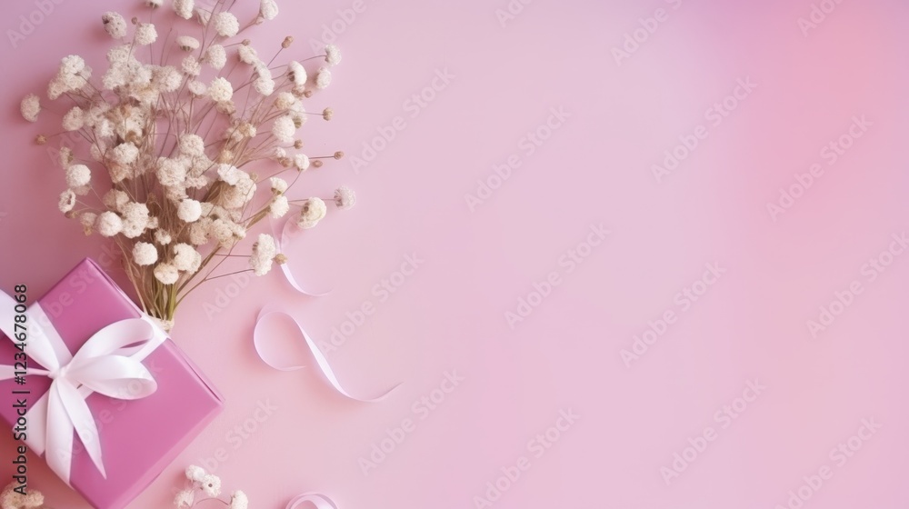 Fototapeta premium Elegant Mother’s Day Gift with Flowers and Ribbons on Soft Pink Abstract Background Perfect for Celebrating Women and Motherhood