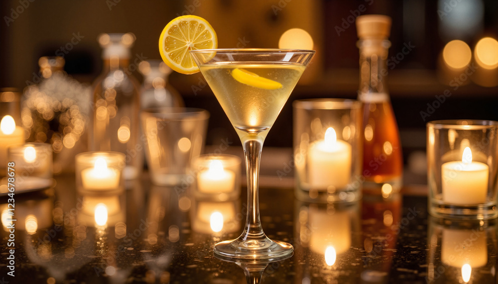 Luxurious martini with lemon twist in elegant lounge, upscale ambiance Luxurious martini with lemon twist in elegant lounge, upscale ambiance