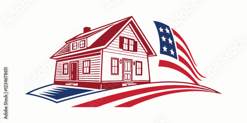 american flag with house