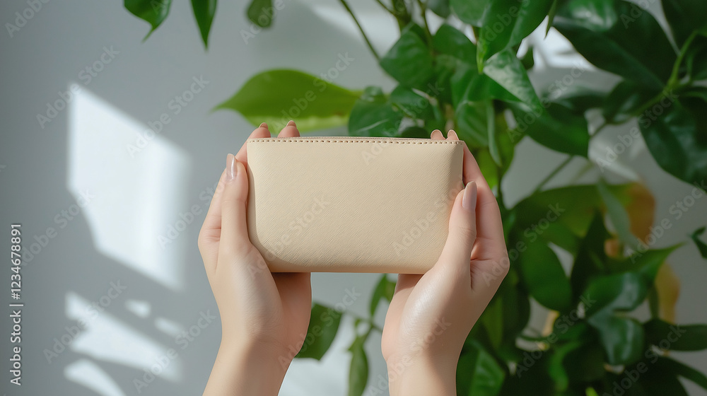 Hands holding beige wallet against green foliage Hands holding beige wallet against green foliage