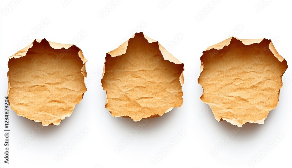 Three tan paper holes on white background, irregular edges, grunge texture, top view, studio shot Three tan paper holes on white background, irregular edges, grunge texture, top view, studio shot