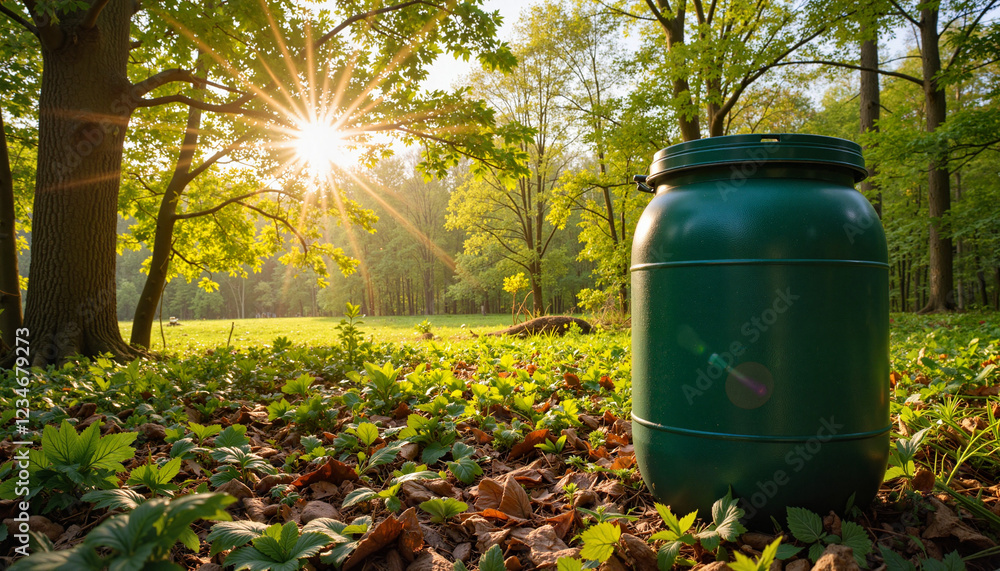 Rain barrel at forest edge in soft morning light, nature conservation Rain barrel at forest edge in soft morning light, nature conservation