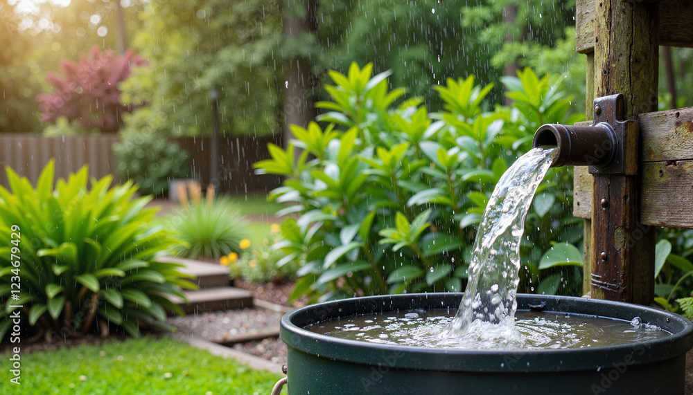 Overflowing rain barrel in lush garden during heavy rainstorm, nature's bounty Overflowing rain barrel in lush garden during heavy rainstorm, nature's bounty