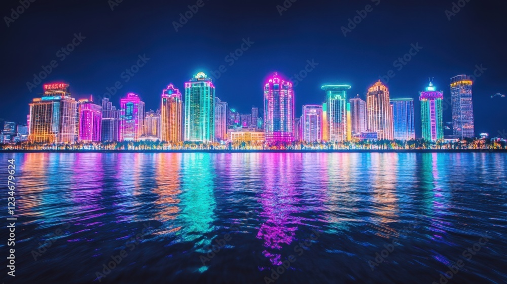 Obraz premium Vibrant skyline illuminated by colorful lights reflecting on water at night in a bustling city