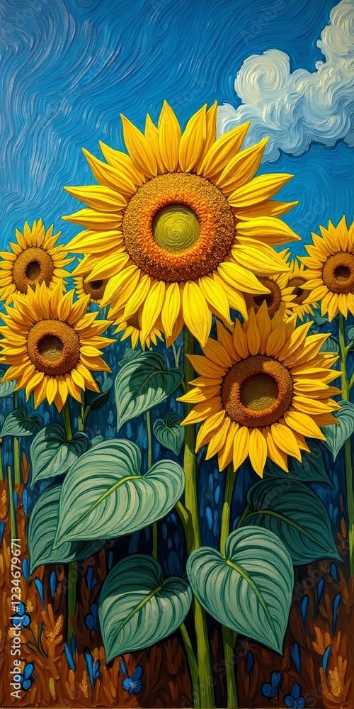 Obraz premium Vibrant yellow petals, golden center, green leaves, and blue sky, evoking warmth and optimism