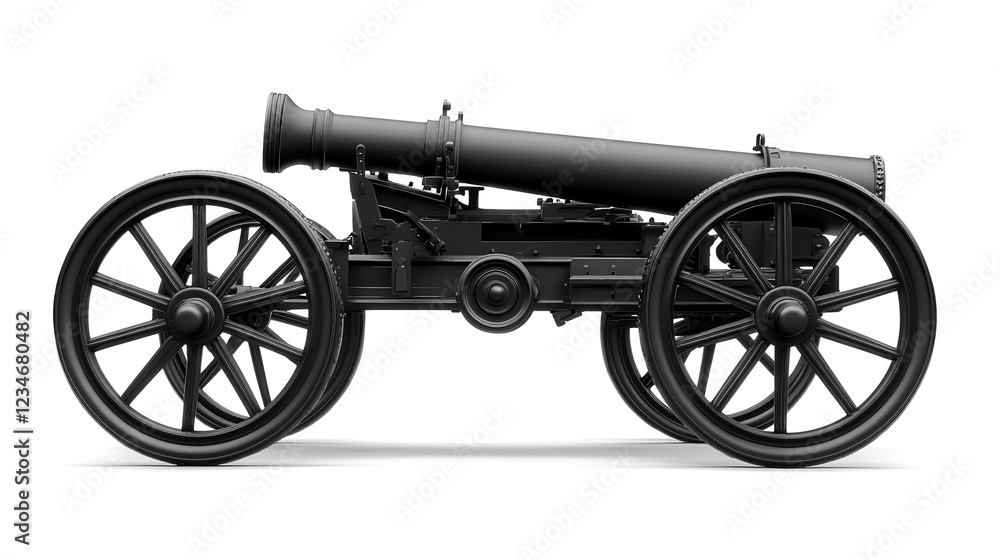 Detailed Side View of Isolated Toy Artillery Cannon on White Background Detailed Side View of Isolated Toy Artillery Cannon on White Background