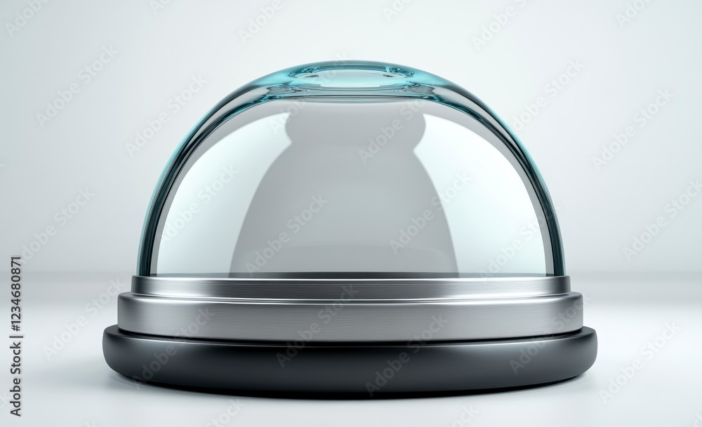 Transparent glass dome on a metallic base against a white background. Clean, minimalist design with a futuristic feel. The dome is slightly bluish Transparent glass dome on a metallic base against a white background. Clean, minimalist design with a futuristic feel. The dome is slightly bluish
