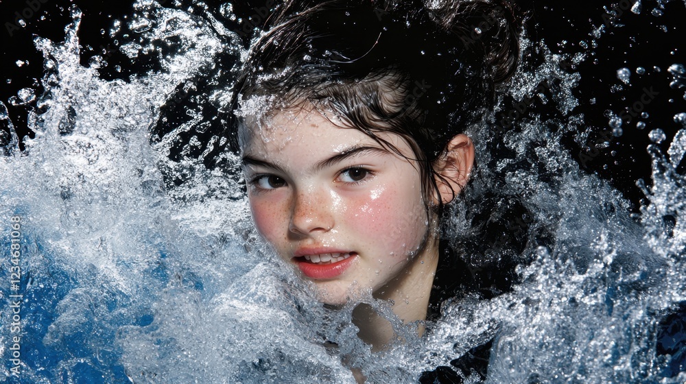 Obraz premium Young girl splashes water with joy during swimming activity at local pool under bright light