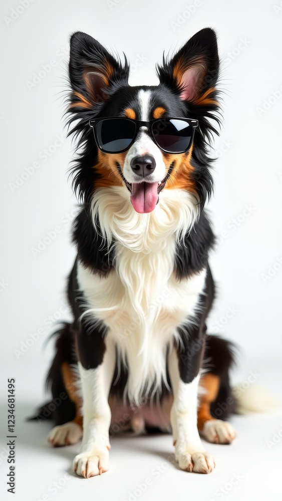 Fototapeta premium The dog is wearing sunglasses and looking at the camera with its tongue out