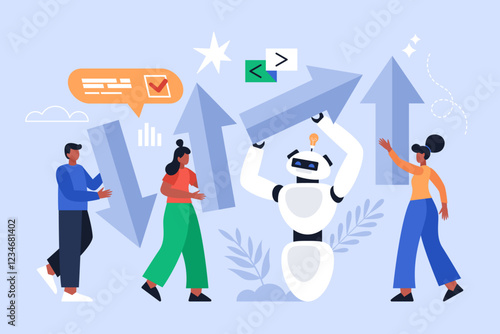 Artificial intelligence tool for business transformation to better result concept. Modern vector illustration of people using AI technology and holding arrows, changing direction