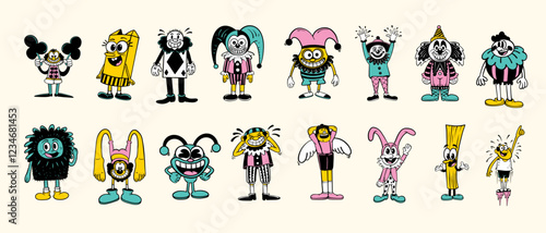 Funny cartoon character. Party mascot vector set for event, t-shirt design illustration. Cartoon bundle