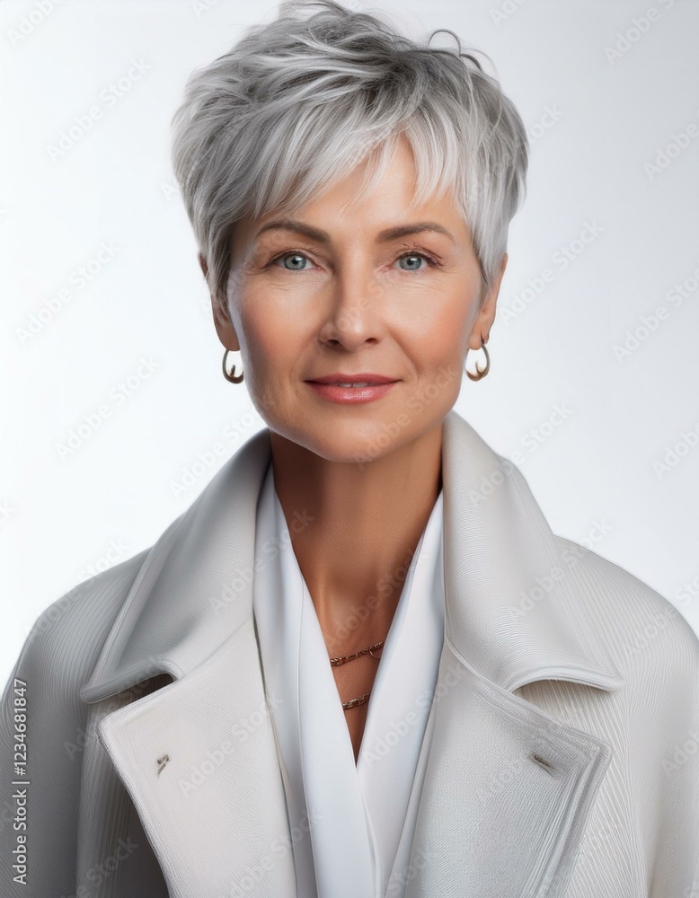 a fifty years old blonde woman with short shaved hair wearing a white coat on a light grey background, fashion photography, fall winter collection a fifty years old blonde woman with short shaved hair wearing a white coat on a light grey background, fashion photography, fall winter collection