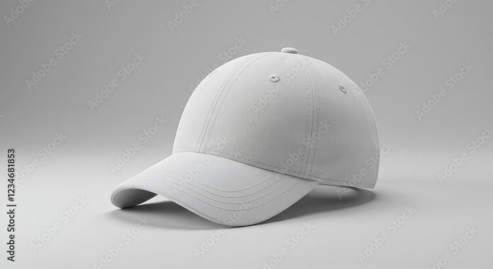 Fototapeta premium A plain white baseball cap displayed in a studio setting with a solid light gray background