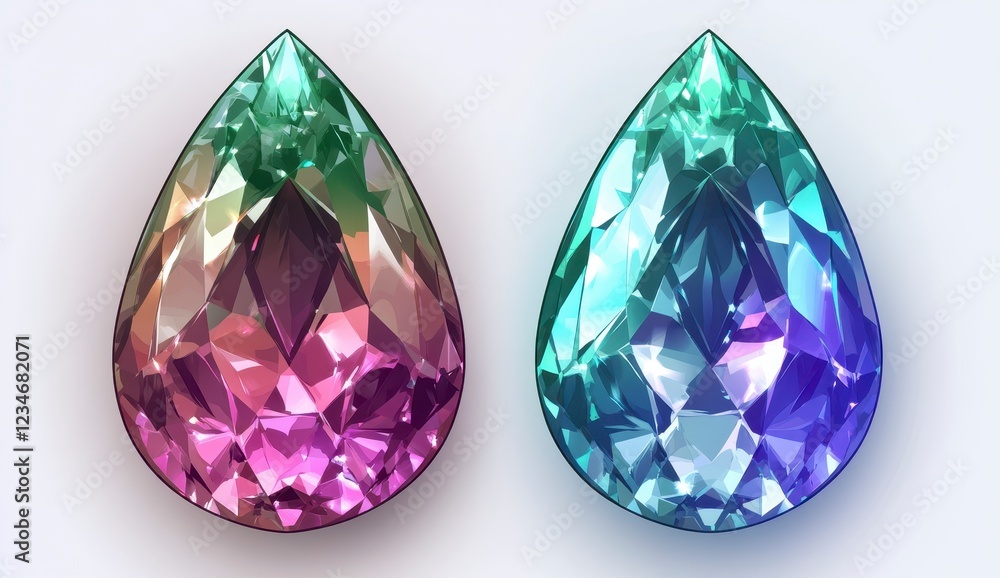 Two pear shaped gemstones, one in pink and purple hues, the other in teal and blue, are shown against a white background. The gems are highly faceted