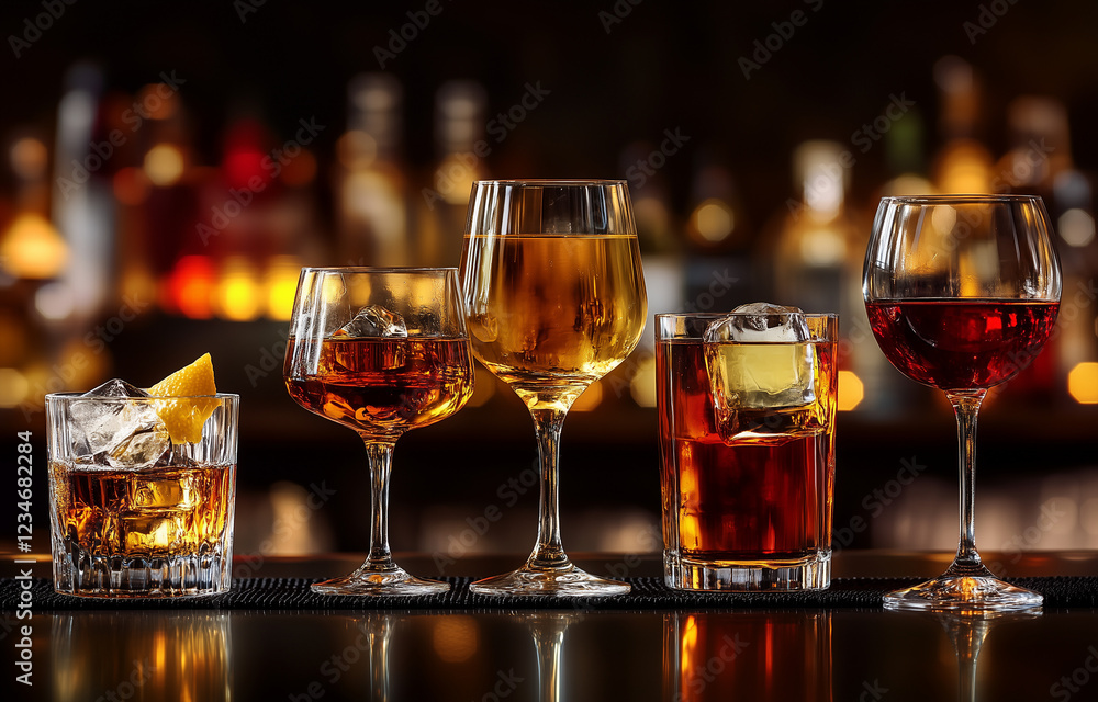 Naklejka premium Different alcohol drinks on table in bar 