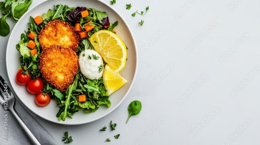 Fresh Green Salad with Crispy Croquettes, Cherry Tomatoes, Lemon Slices, and Creamy Dressing on White Plate Fresh Green Salad with Crispy Croquettes, Cherry Tomatoes, Lemon Slices, and Creamy Dressing on White Plate