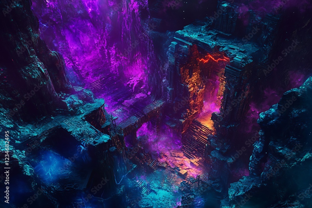 A vibrant, otherworldly landscape featuring ancient ruins illuminated by mystical colors. A vibrant, otherworldly landscape featuring ancient ruins illuminated by mystical colors.