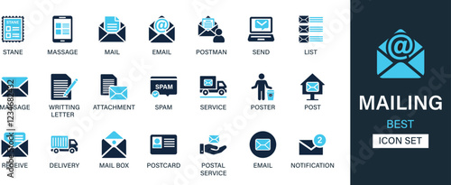 Mailing icon set collection. Stene, massage, mail, email, postman, send, list, writing letter, attachment, spam, service, post and best solid icon set.