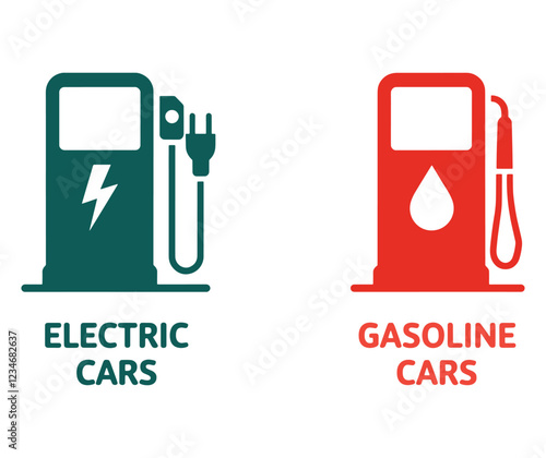 Electric vs Gasoline Car Symbols. Modern design representing the future of transportation, Flat vector illustration comparing clean electric energy with traditional petrol fuel.