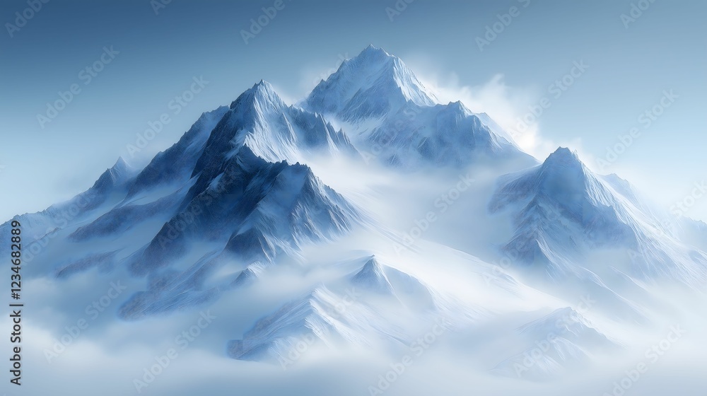 Majestic snowy mountain peaks shrouded in mist Majestic snowy mountain peaks shrouded in mist
