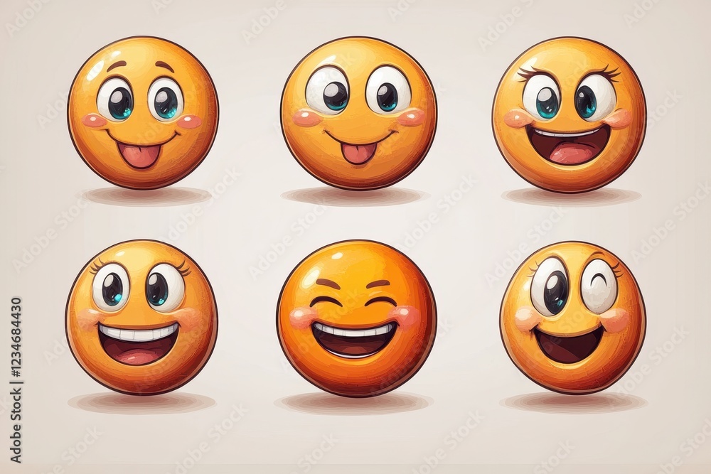 Obraz premium A collection of six cheerful emoji faces expressing various emotions.