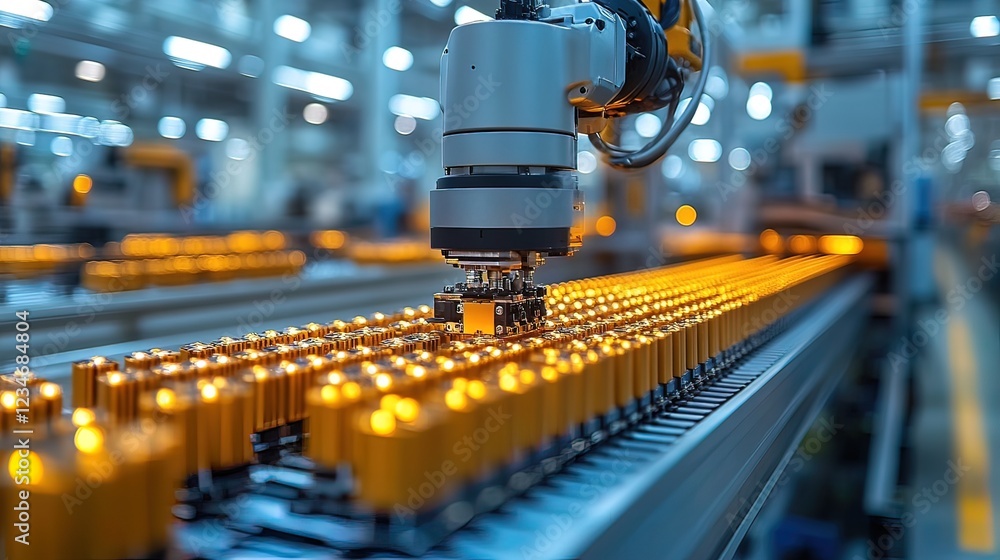 Robotic Arm Assembling Battery Components on Conveyor Belt Robotic Arm Assembling Battery Components on Conveyor Belt