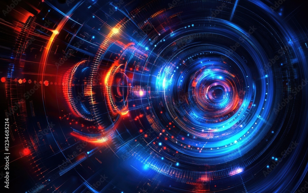 Abstract speed with glowing lines and clocks in blue and red colors on a black background. Vector illustration of digital technology for a fast internet concept design. Abstract speed with glowing lines and clocks in blue and red colors on a black background. Vector illustration of digital technology for a fast internet concept design.