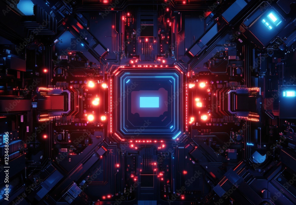 Obraz premium Abstract technology background with blue and red glowing connections on a dark background. Vector illustration of a digital connection network for design, web banners,