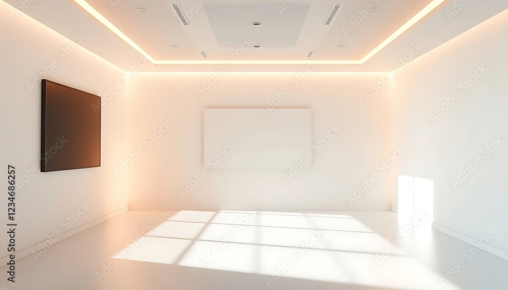 Minimalist white room with artwork and recessed lighting Minimalist white room with artwork and recessed lighting